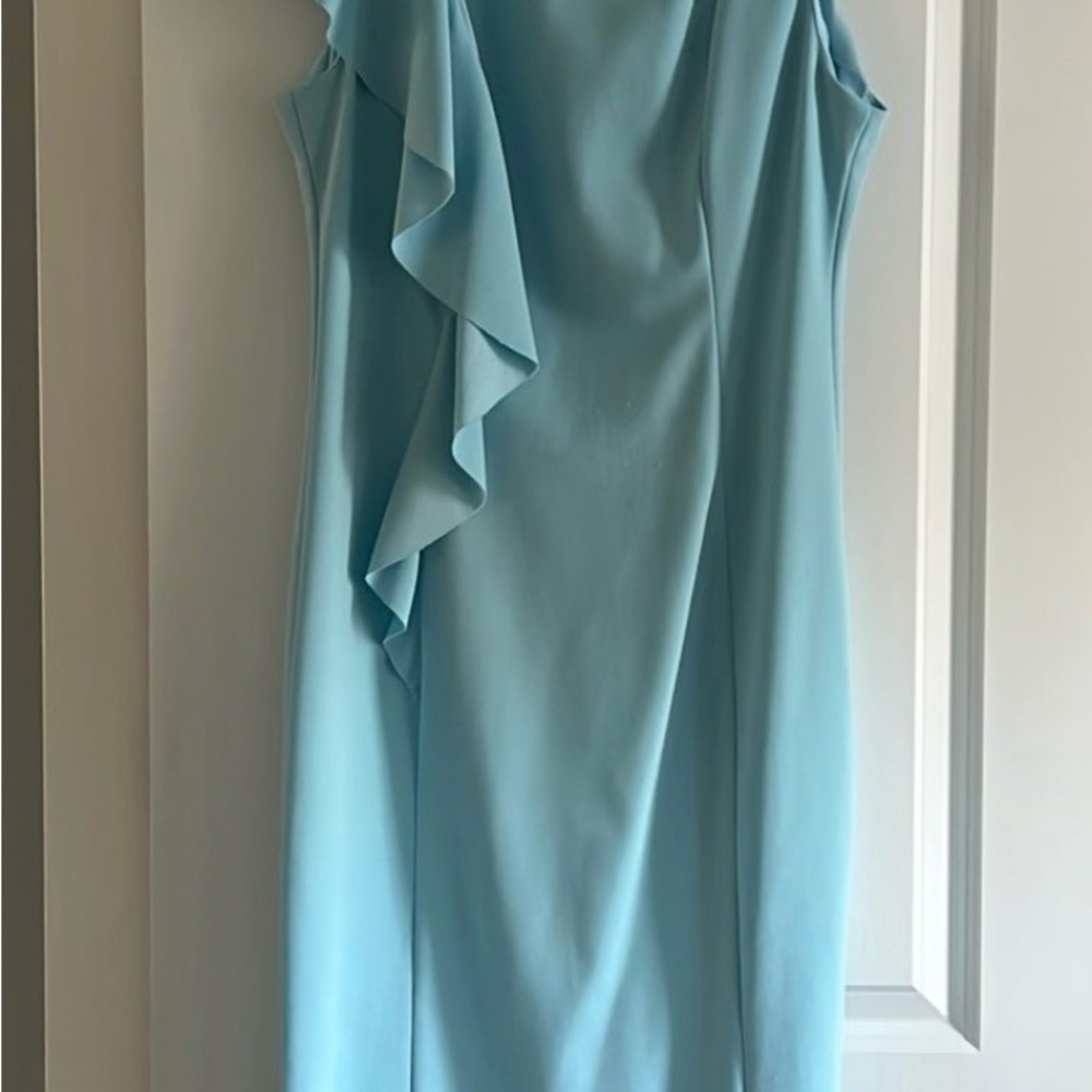 London Times Blue Asymmetrical Ruffled Dress